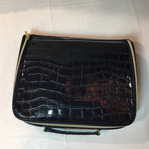 Estee Lauder Navy Blue Faux Crocodile Leather Cosmetic Zip Train Travel Case Bag - Picture 5 of 16